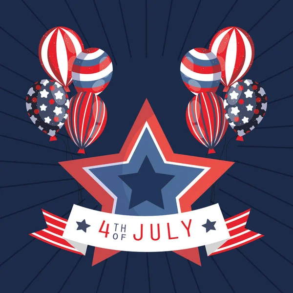 Stati Uniti stella palloncini e il 4 luglio disegno del vettore nastro — Vettoriale Stock