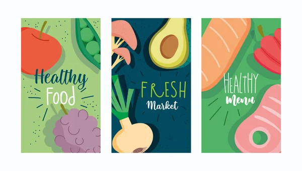 Alimentation saine, menu brochure marché produits frais nutrition alimentation — Image vectorielle