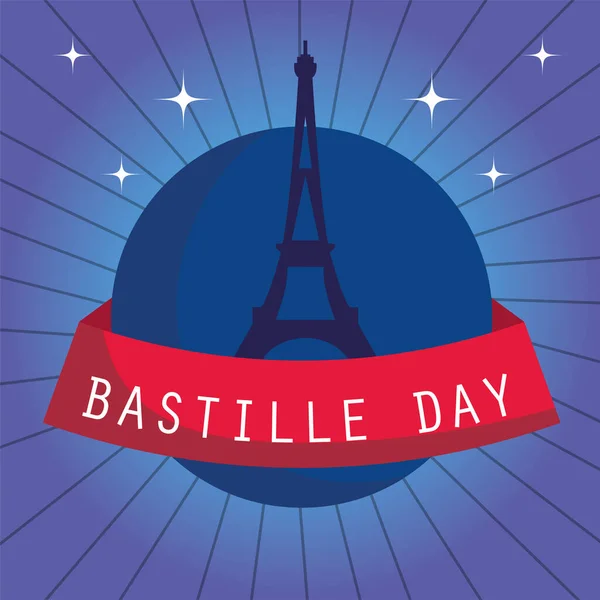 幸せなバスティーユの日のベクトルデザインのリボンとフランスエッフェル塔 — ストックベクタ
