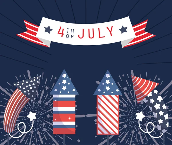 Feux d'artifice américains avec conception vectorielle du 4e ruban juillet — Image vectorielle