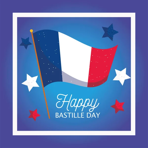 Franciaország zászló csillagok belül keretben boldog bastille nap vektor tervezés — Stock Vector