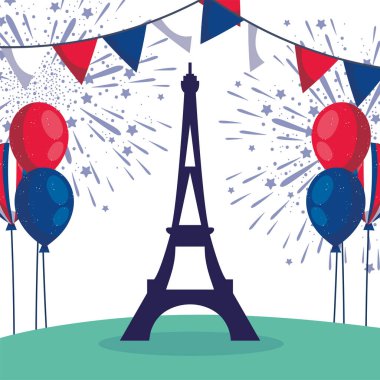 Fransa Eyfel Kulesi Mutlu Bastille Günü vektör tasarımı bayrağı