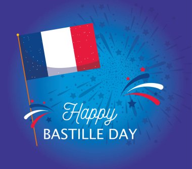 Mutlu Bastille Günü vektör tasarımının Fransa bayrağı ve havai fişekleri