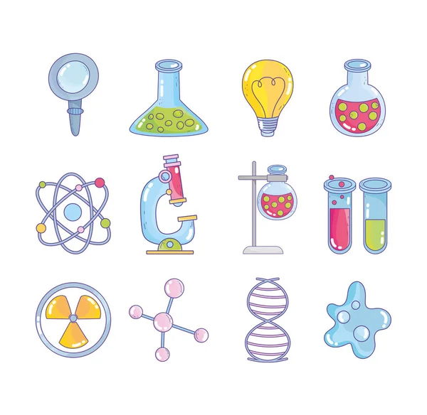 Science research laboratory magnifier flask atom molecule dna genetic nuclear bacteria icons — Stock Vector