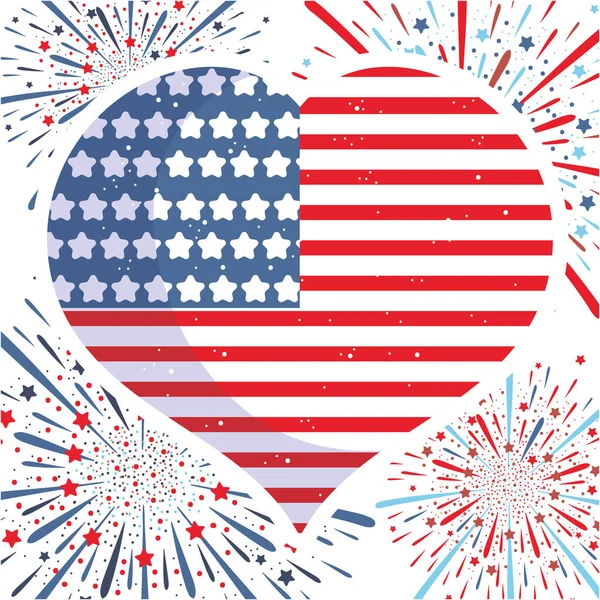 Cuore bandiera Usa con design vettoriale fuochi d'artificio — Vettoriale Stock