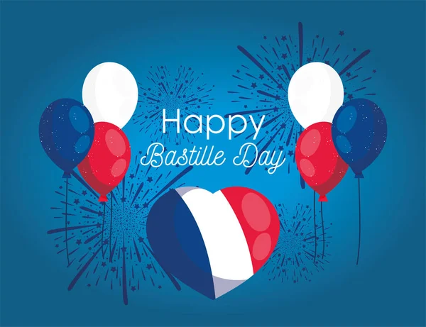 Воздушные шары сердца с фейерверком с векторным дизайном счастливого дня Бастилии — стоковый вектор