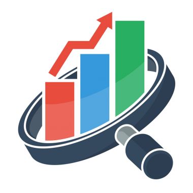 iş pazarlama ve satış, danışmanlık hizmetleri iş için logo simgeler. Büyüteç, çubuk grafik ve ok grafiği artışlar ile resimli.
