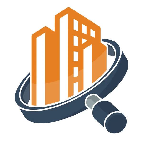 Logo-Symbol mit Such- / Überprüfungs- / Inspektionskonzept, für Immobilien- / Bauinspektorgeschäft, illustriert mit Lupe und Gebäude — Stockvektor