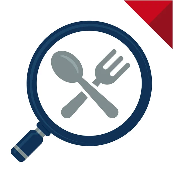 Ícone abstrato para pesquisar onde comer, ilustrado com uma lupa e talheres — Vetor de Stock