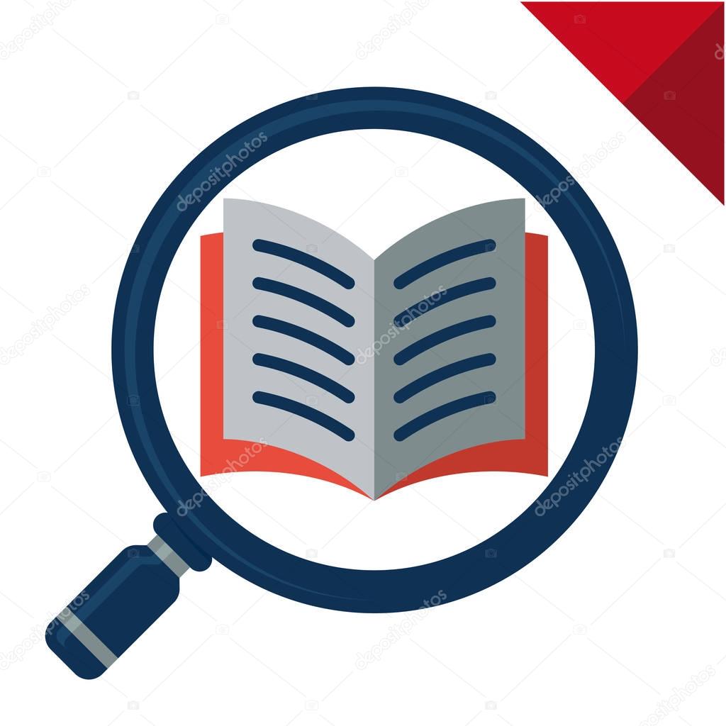 Abstract logo icon with search concept, reading, reviewing book. Illustrated with a magnifying glass and open book.
