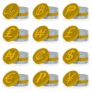 para birimi simgelerini ayrıntılarını içeren yığılmış sikke simgeler koleksiyonu