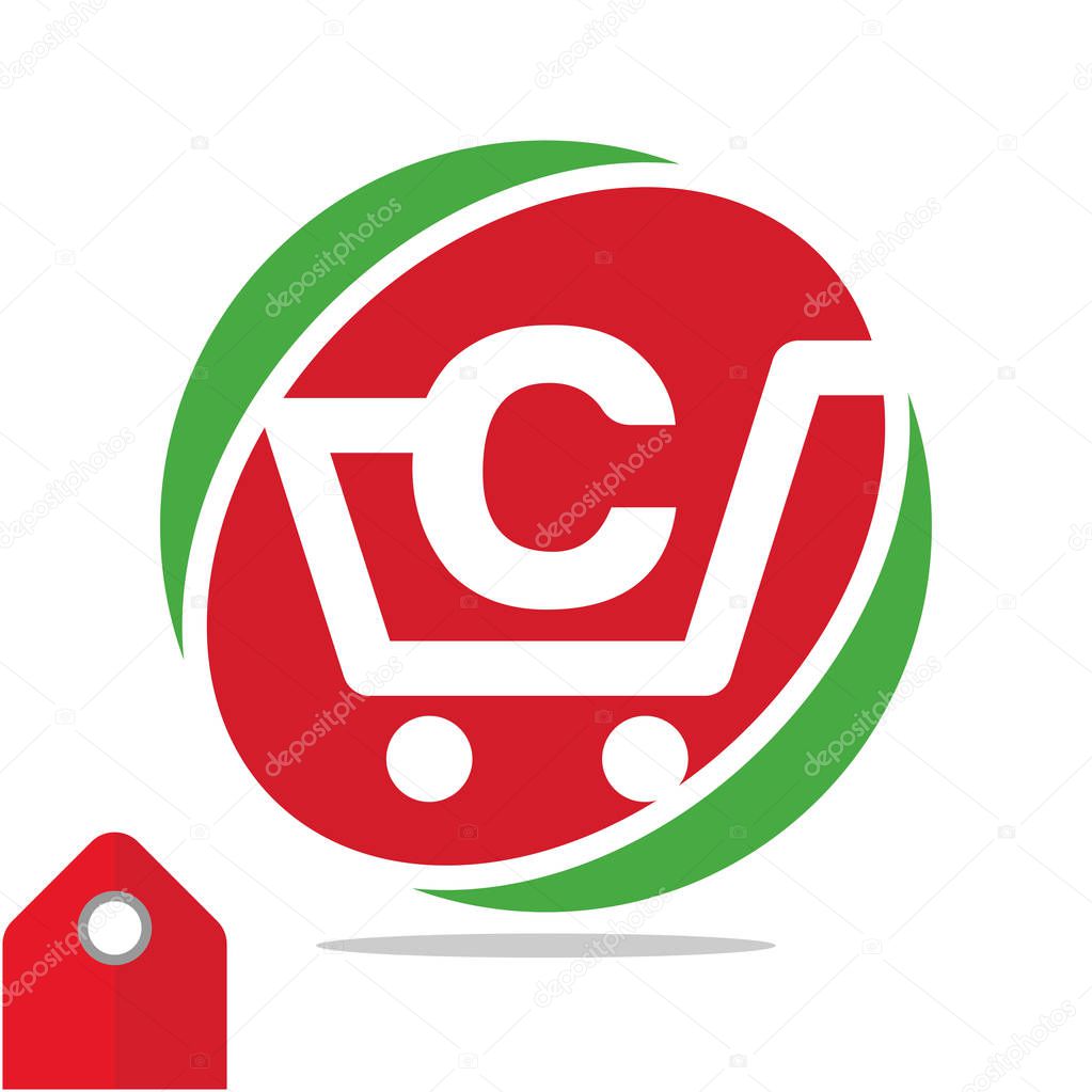 Logo icon for shopping business, illustrated in circle logo with the visual concept of shopping cart and the initials name, letter C