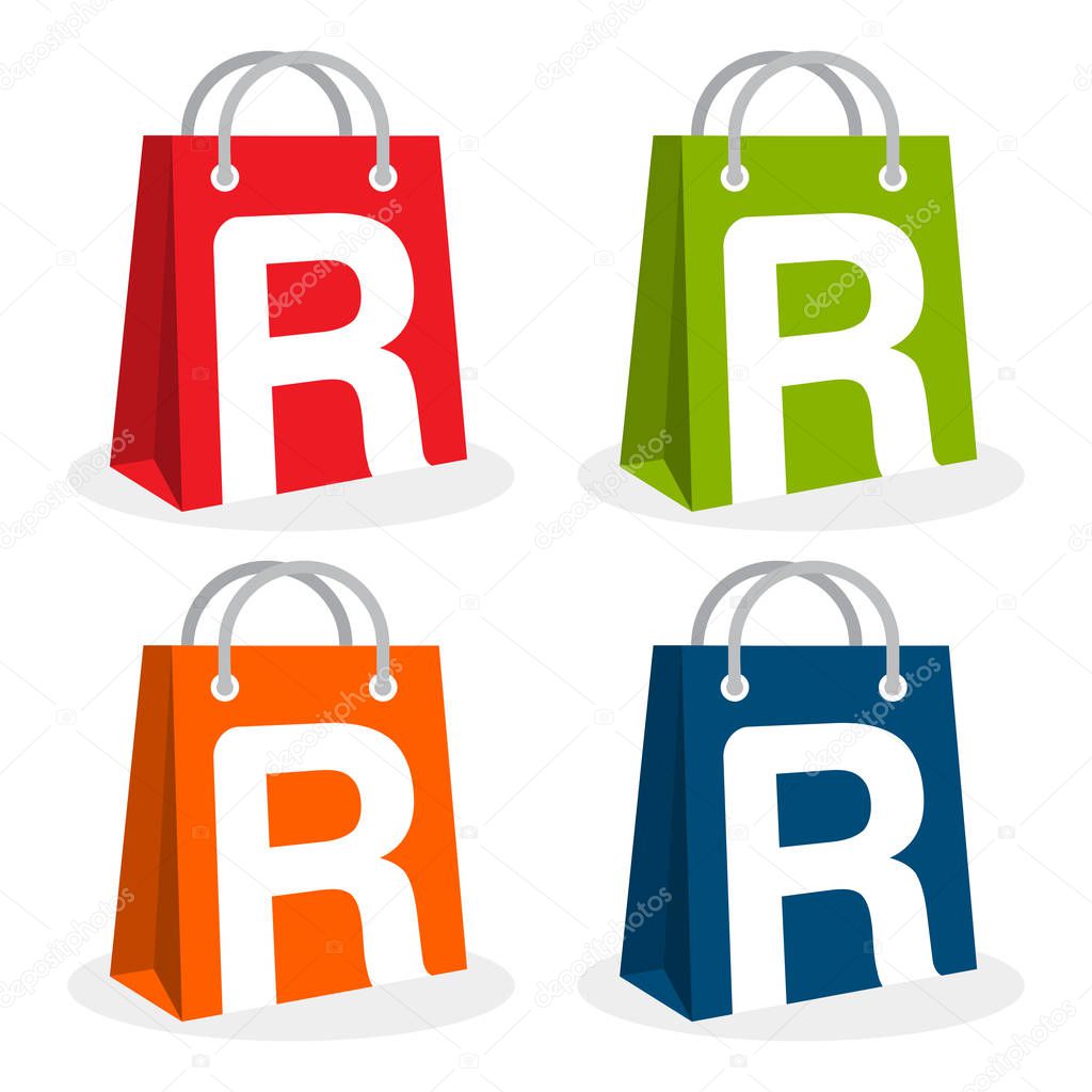 Logo icon for shopping business. Illustrated in bag icon with the initial combination of letter R