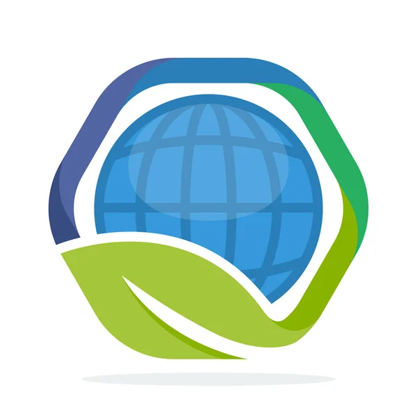 Logo Bentuk Heksagon Ikon Dengan Konsep Bumi Yang Ramah Lingkungan - Stok Vektor