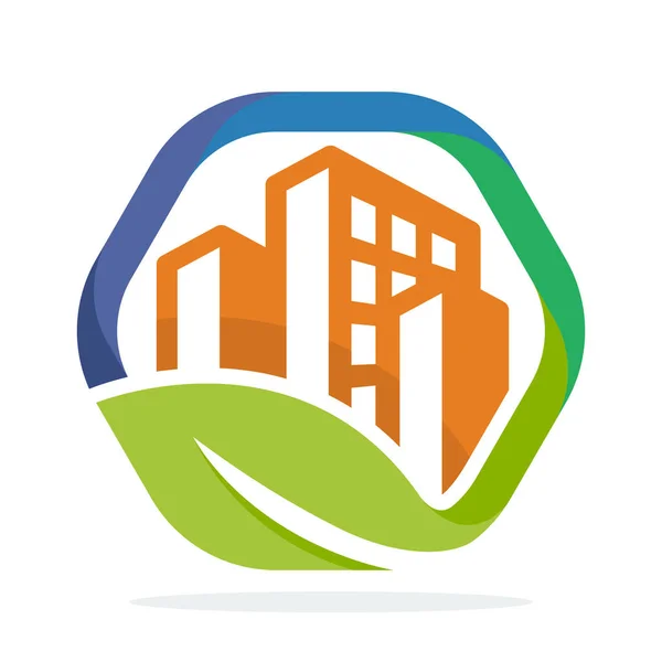 Logo Simge Altıgen Şekil Yeşil Şehirler Yönetimi Kavramı Ile — Stok Vektör