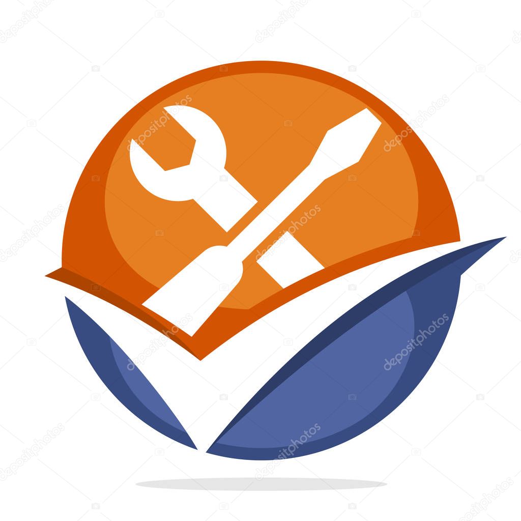 Iconic logo with good solution concept for repair, maintenance, and setting, illustrated with screwdriver, wrench and check mark