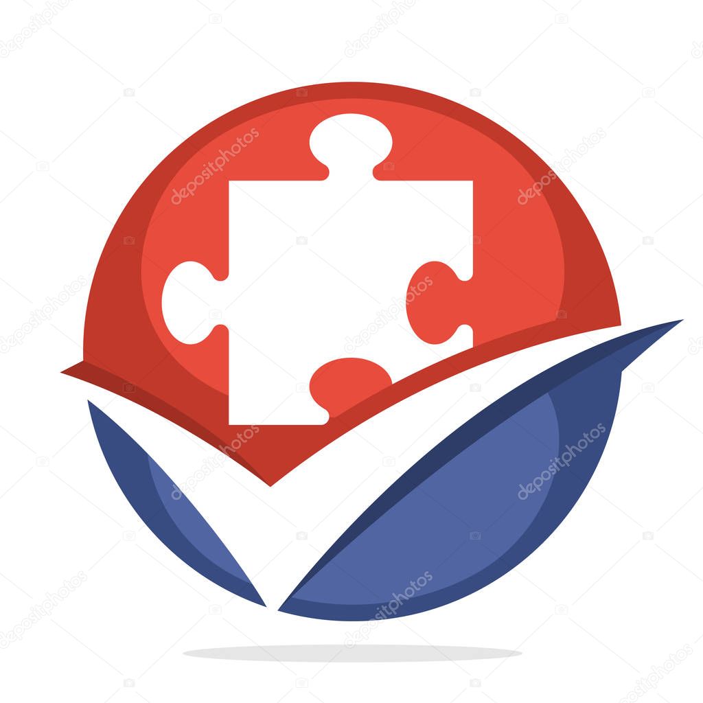 Logo icon with troubleshooting concept, right solution, illustrated with puzzle pieces and check mark