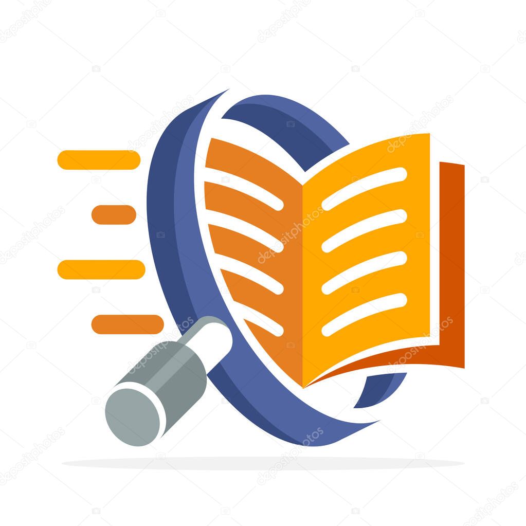 Logo icon with search concept, reading, reviewing book. Illustrated with a magnifying glass and open book.