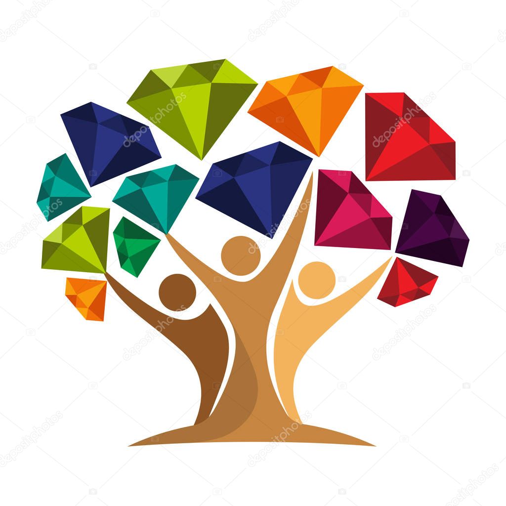 icon of tree illustration with the concept of unity of people reaching gems, diamonds