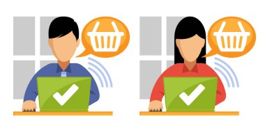 Bir dizüstü bilgisayardan alışveriş bilgilerine erişen erkek ve kadınların resimleri