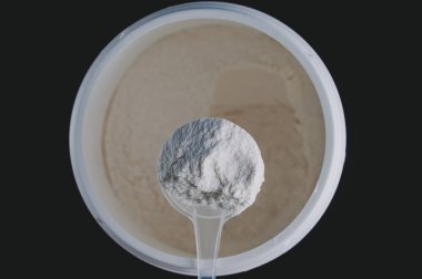Sports Nutrition Powder. Soluble bcaa in a measuring spoon in th clipart