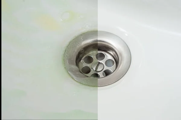 Fotos antes y después de aplicar el detergente a la superficie de — Foto de Stock