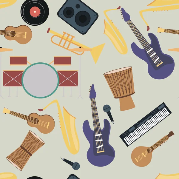 Padrão sem costura colorido de instrumentos musicais —  Vetores de Stock