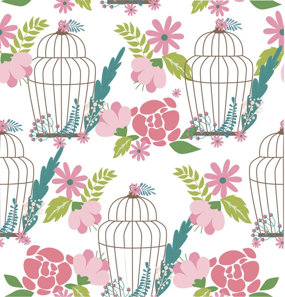 Patrón romántico con flores, pájaros y jaulas — Archivo Imágenes Vectoriales