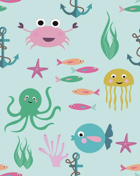 人魚姫と海の動物とのシームレスなパターン — ストックベクタ