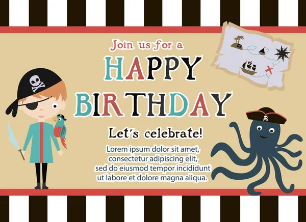 Tarjeta de invitación Pirata Feliz Cumpleaños — Vector de stock