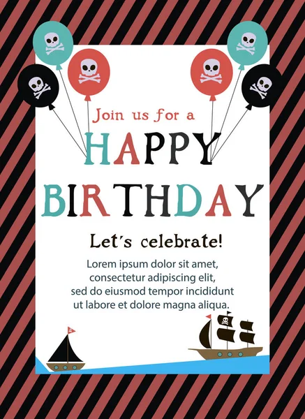 Tarjeta de invitación Pirata Feliz Cumpleaños — Vector de stock