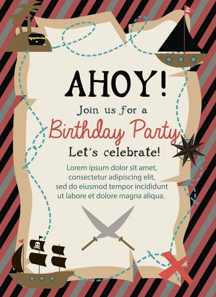 Tarjeta de invitación Pirata Feliz Cumpleaños — Vector de stock