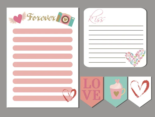 Tarjetas de San Valentín, etiquetas de regalo, planificador, pegatinas y etiquetas — Archivo Imágenes Vectoriales