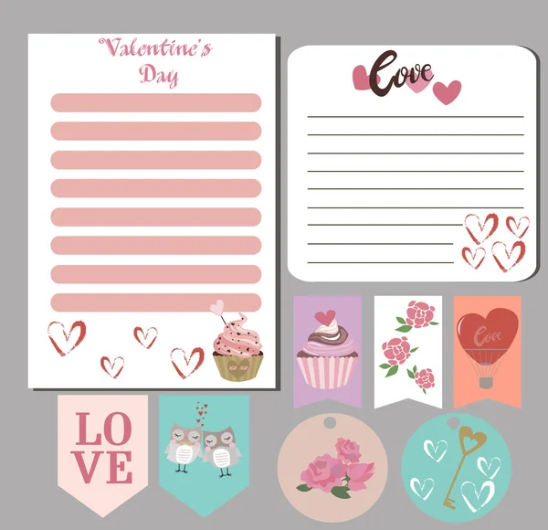 Cartes de Saint-Valentin, étiquettes cadeaux, planificateur, autocollants et étiquettes — Image vectorielle