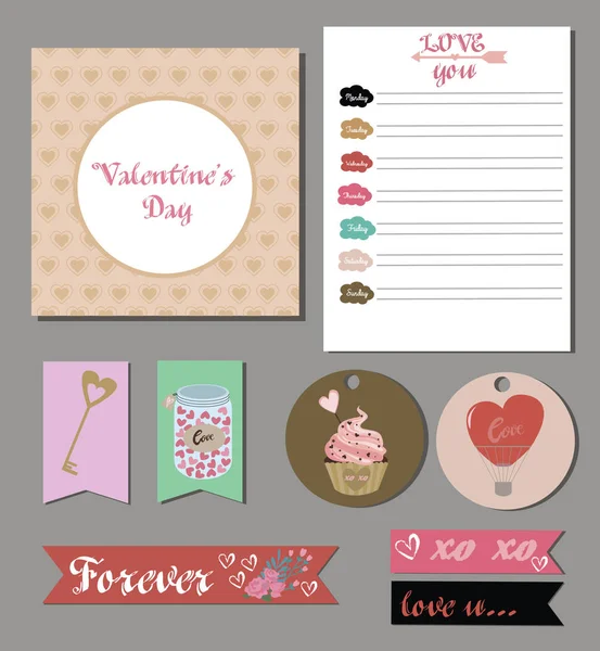 Valentinstag-Tageskarten, Geschenkanhänger, Planer, Aufkleber und Etiketten Stockillustration