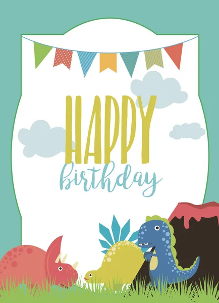 Tarjeta de fiesta de cumpleaños de Dino — Vector de stock