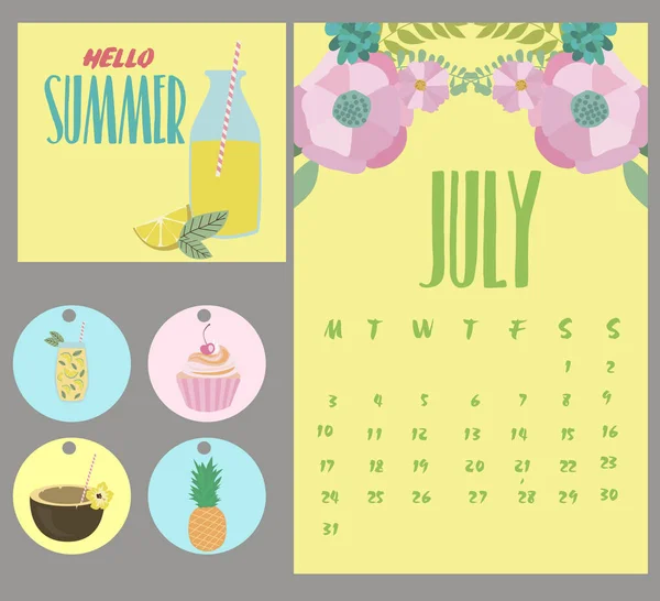 Sommerkalender für Juli und Etiketten mit Sommerobjekten. Vektorillustration — Stockvektor