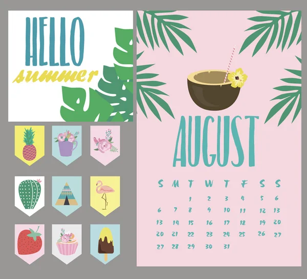 Calendário de verão para agosto e conjunto de etiquetas com objetos de verão. Ilustração vetorial —  Vetores de Stock