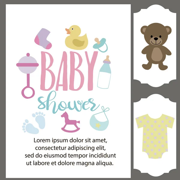 Σετ μωρό ντους πρόσκληση κάρτα, ετικέτες και αυτοκόλλητα — Διανυσματικό Αρχείο