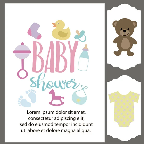 Set de tarjetas de invitación para Baby shower, etiquetas y pegatinas — Archivo Imágenes Vectoriales