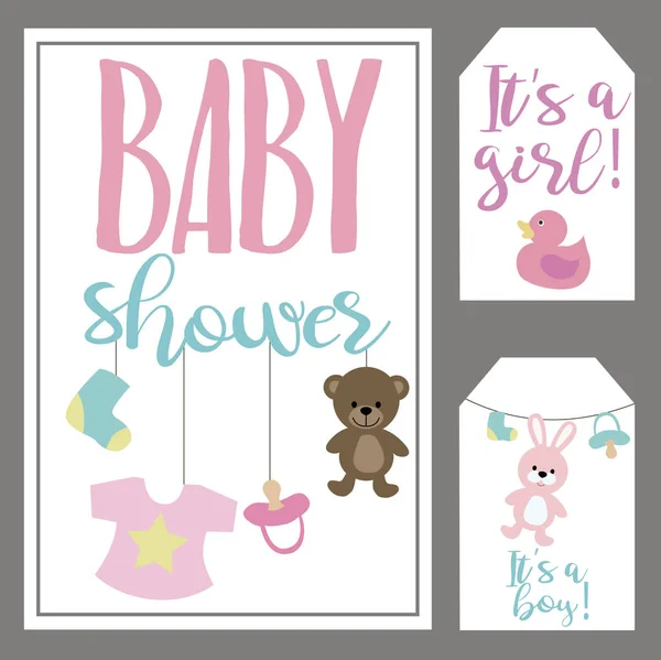 Set de tarjetas de invitación para Baby shower, etiquetas y pegatinas — Vector de stock