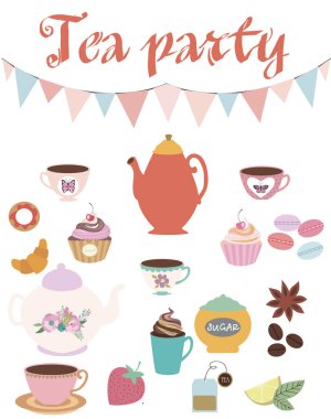 Tebrik veya davetiye kartı için çay partisi öğeleri kümesi