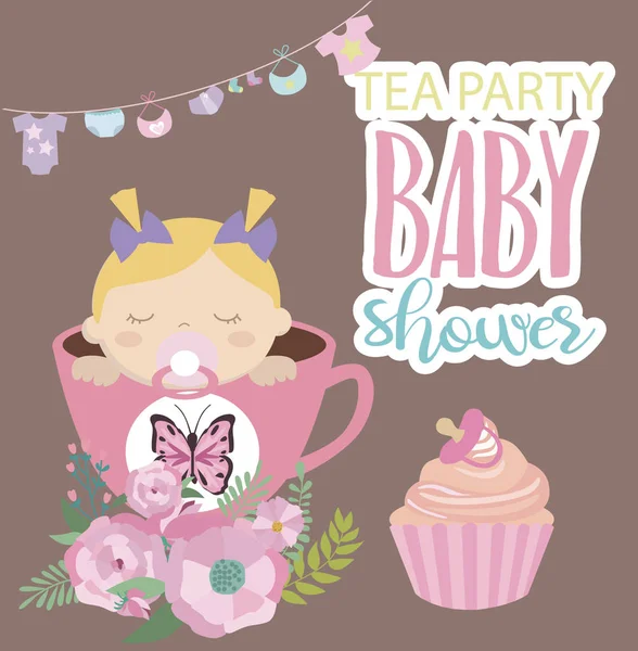 Carte d'invitation pour Baby Shower Tea party — Image vectorielle