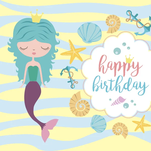 Открытка с днем рождения с русалкой и морской жизнью — стоковый вектор
