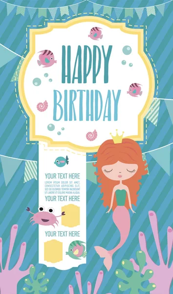 Happy Birthday card with mermaid and sea life Vector Graphics