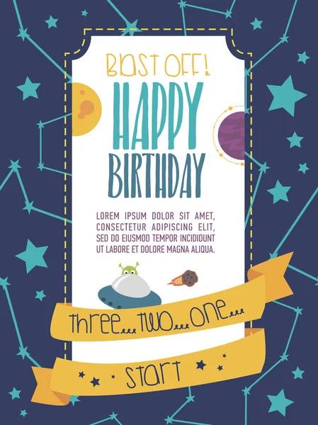 Mutlu doğum günü davetiyesi veya alan parti için tebrik kartı — Stok Vektör