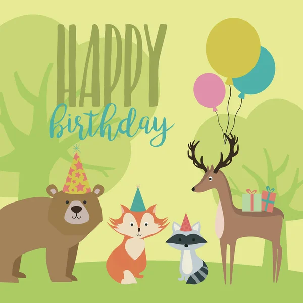 Tarjeta de feliz cumpleaños con animales del bosque — Archivo Imágenes Vectoriales