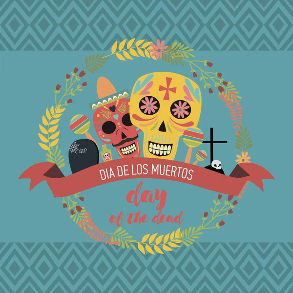 Crânio de açúcar mexicano, dia do cartaz morto —  Vetores de Stock