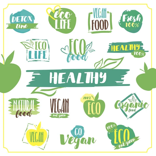 Conjunto de logotipo para alimentos ecológicos saludables, estilo de vida vegano — Vector de stock