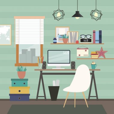 Oda ofis. Belge ve ileti örneği ile bilgisayar Masası ayarlayın. Modern işyerleri